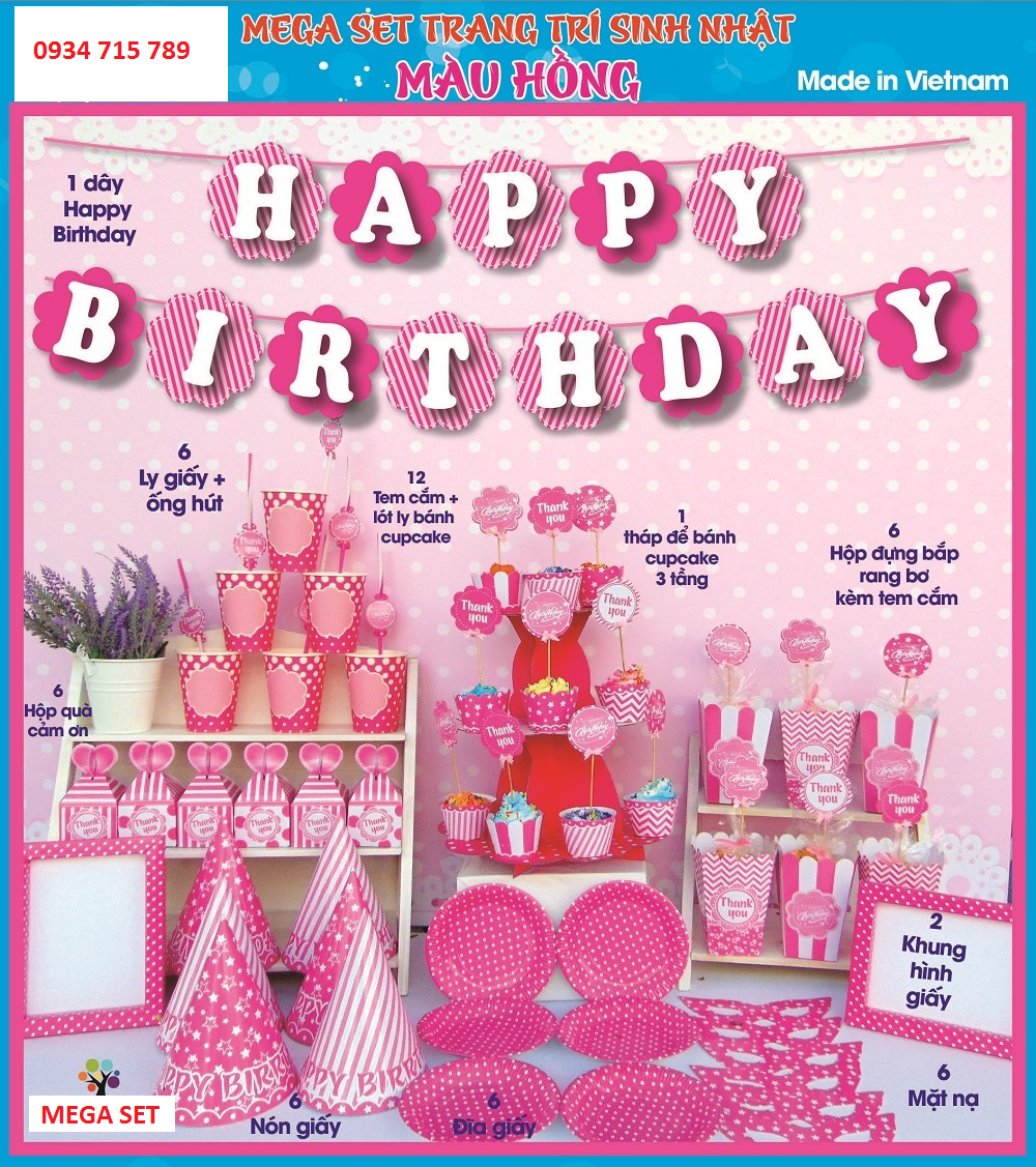 Bộ phụ kiện trang trí sinh nhật chủ đề màu hồng