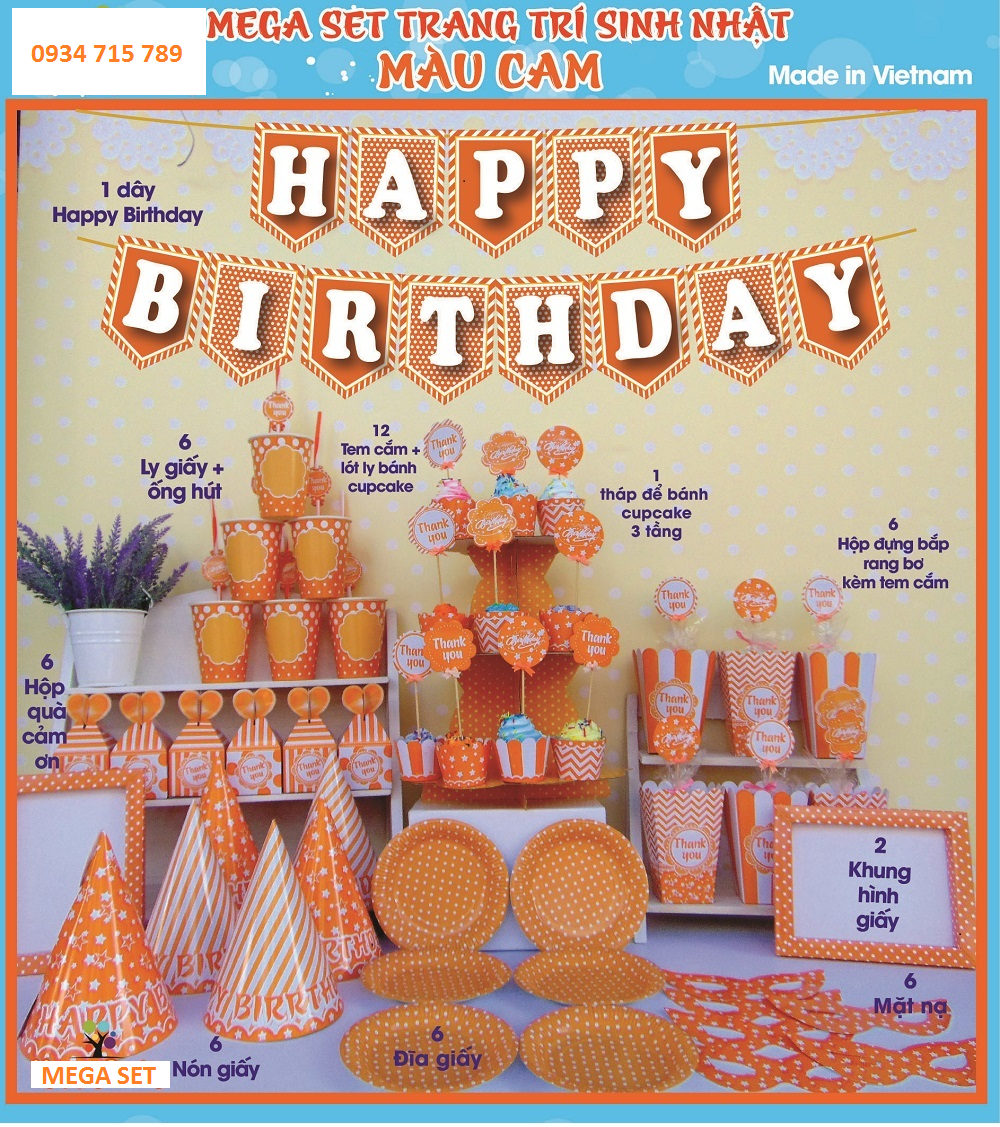 Bộ phụ kiện trang trí sinh nhật chủ đề màu cam