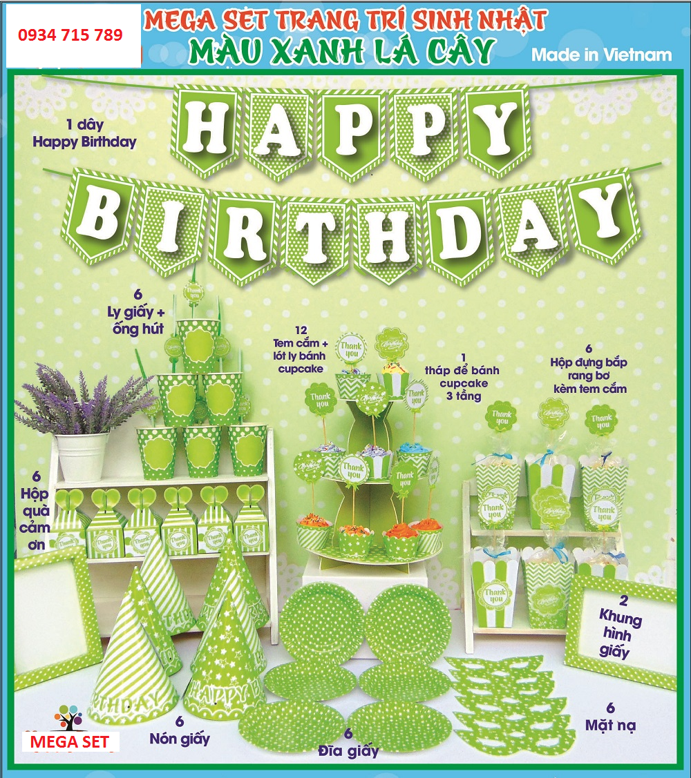 Bộ phụ kiện trang trí sinh nhật chủ đề xanh lá cây