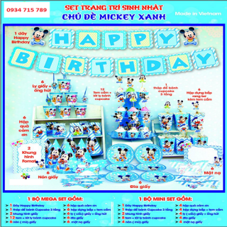 Bộ phụ kiện trang trí sinh nhật chủ đề Mickey xanh